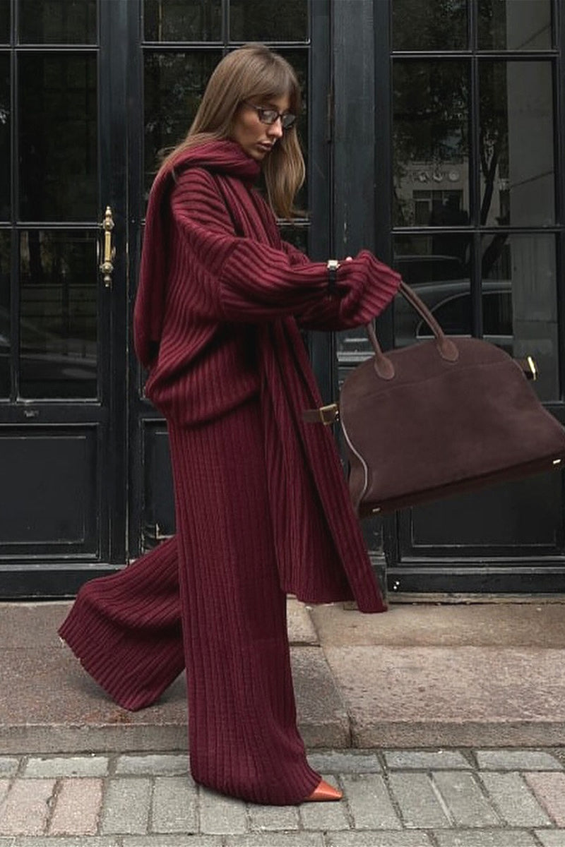 Relaxed Fit V Neck Ribbed Sweater with Pants Two Piece Pants Set image 3
