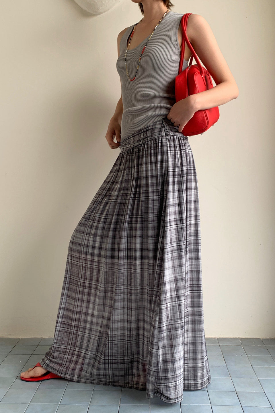 High-Waisted A-Line Mesh Plaid Maxi Skirt image 4