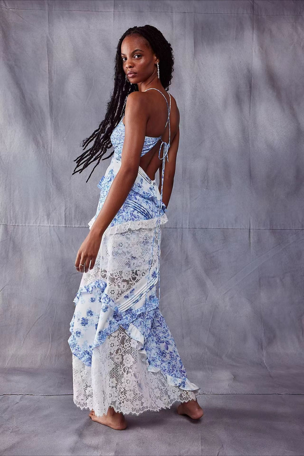 Deep V Ruffle Floral Lace Patchwork Cami Maxi Dress image 5