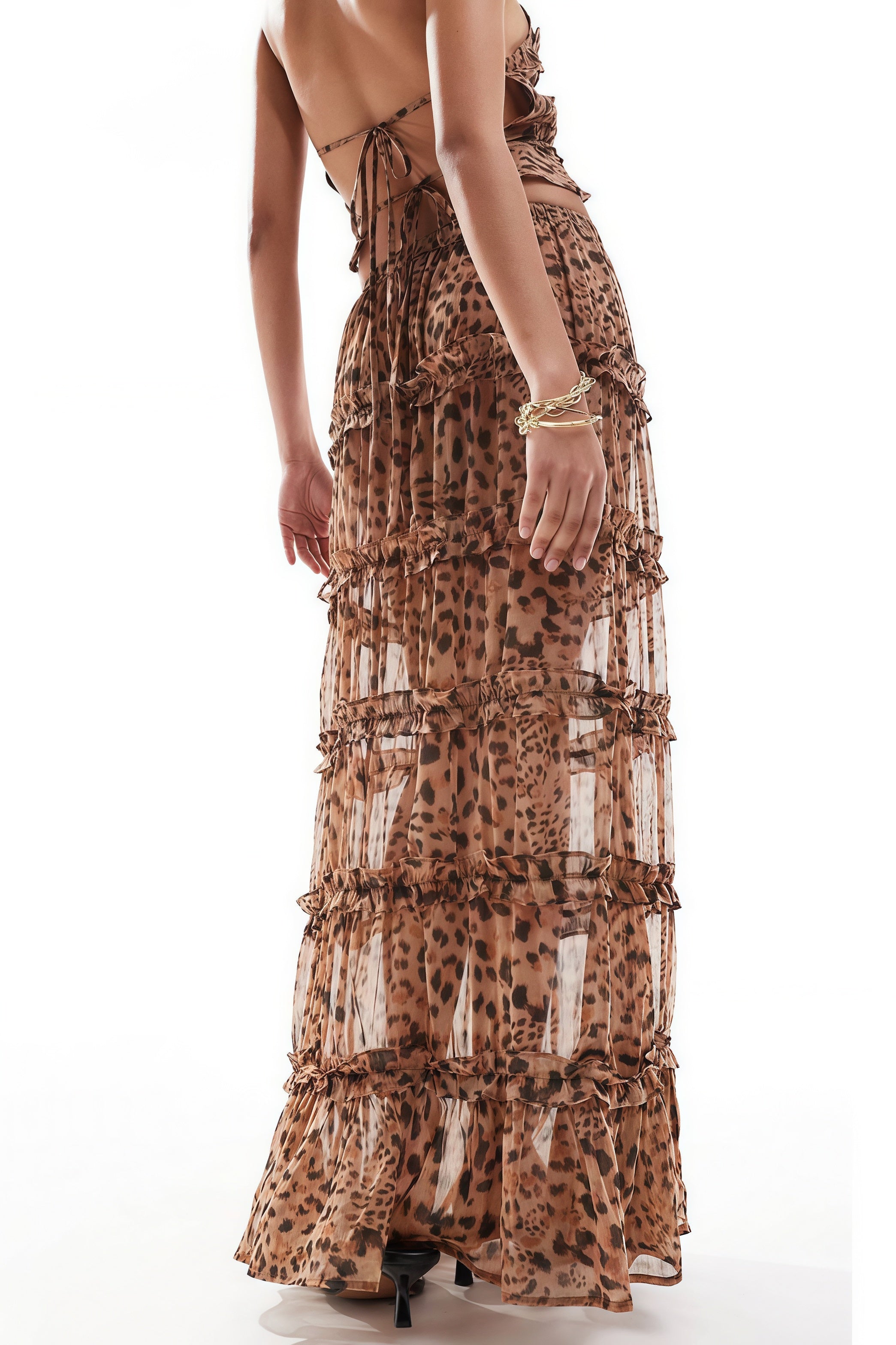 Sheer Ruffle Leopard Backless Maxi Skirt Set image 3