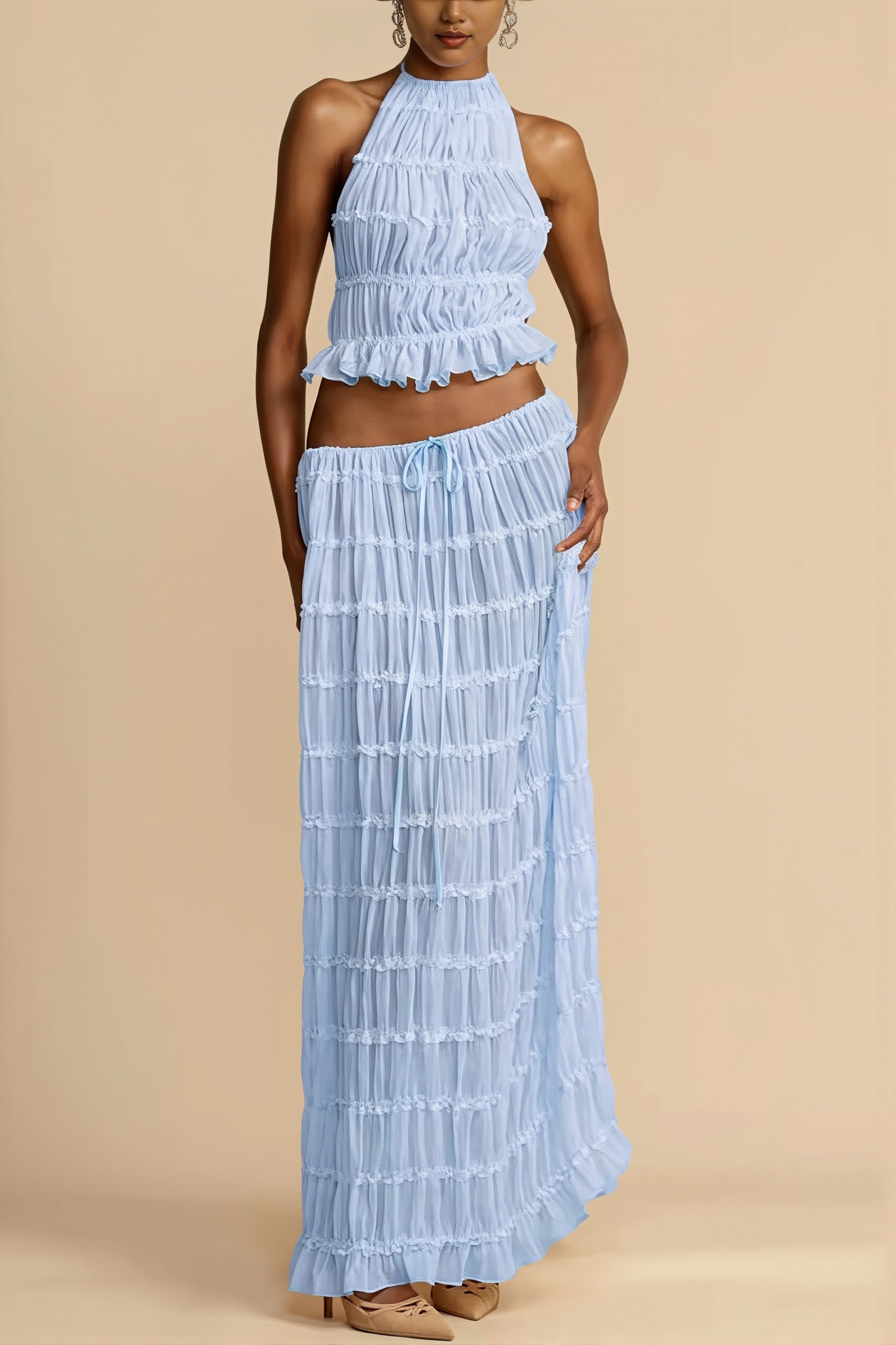 Sexy Lace Trim Halter Open Back Ruched Skirt Sets image 11