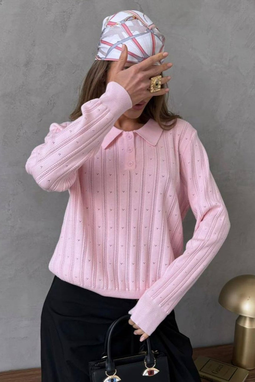 Jacquard Polo Collar Long Sleeve Loose Blouse image 1