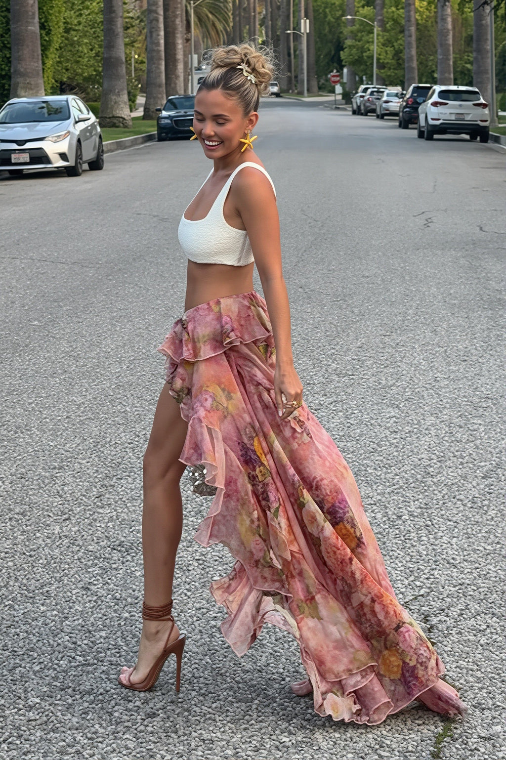 Chic Floral Print Double Ruffle Asymmetric Skirt image 3