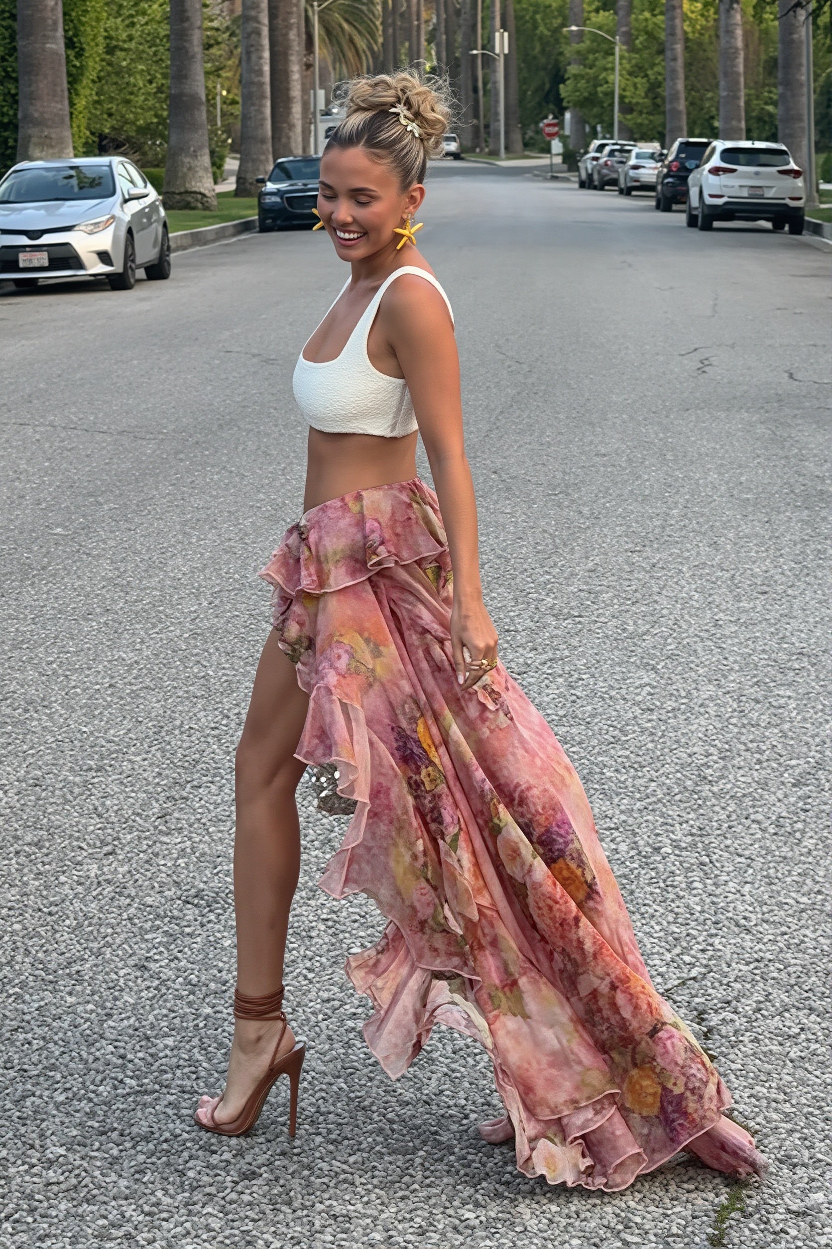 Chic Floral Print Double Ruffle Asymmetric Skirt image 3