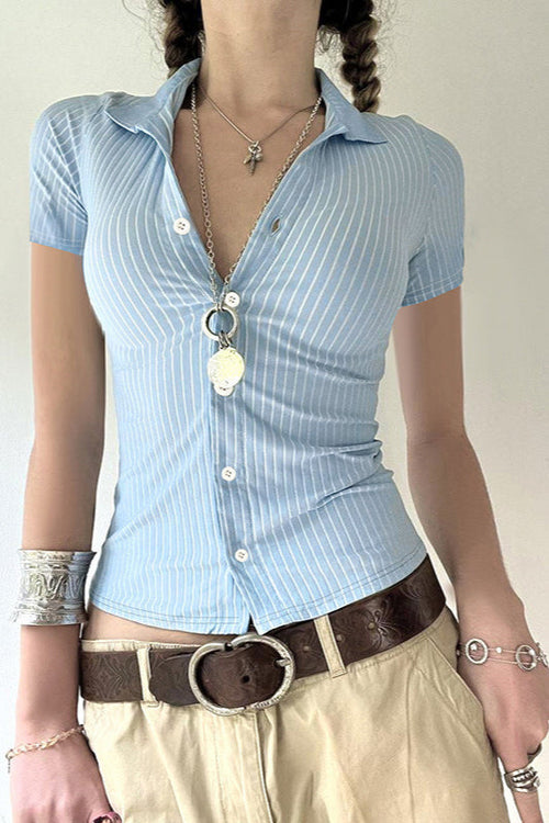 Basic Striped Knit Short Sleeve Slim Blouse image 2