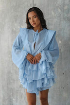 Long Sleeve Tie Mesh Sheer Tiered Mini Dress image 2