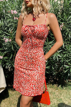 Stylish Red Printed Suspender Floral Dres image 3