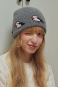 Rabbit Hair Blend Bird Pattern Color Block Knitted Hat image 1