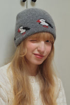 Rabbit Hair Blend Bird Pattern Color Block Knitted Hat image 1