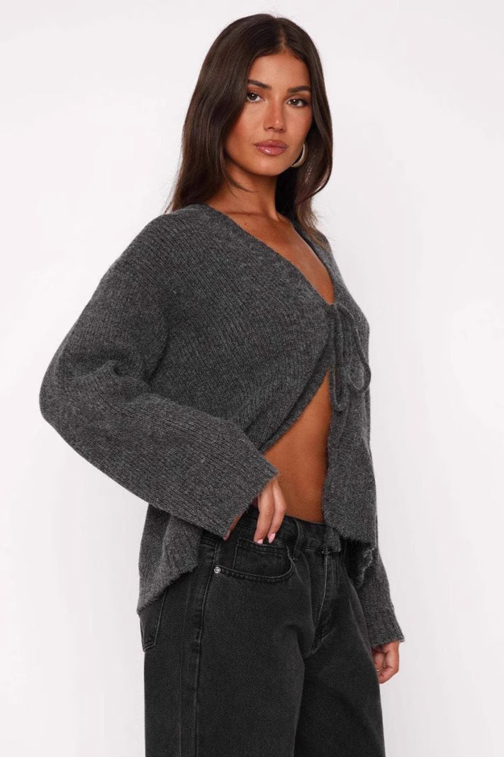 V-Neck Tie Front Knit Cardigan Sweater image 12