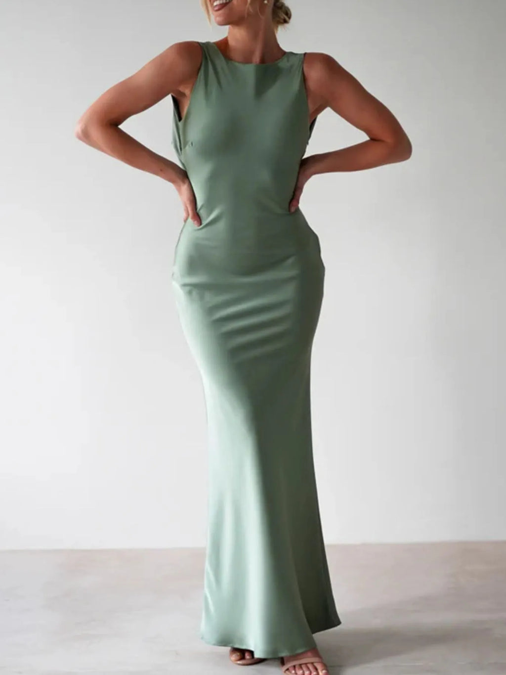 Sylvie Satin Maxi Dress detail view styled for Avrienne