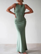 Sylvie Satin Maxi Dress detail view styled for Avrienne