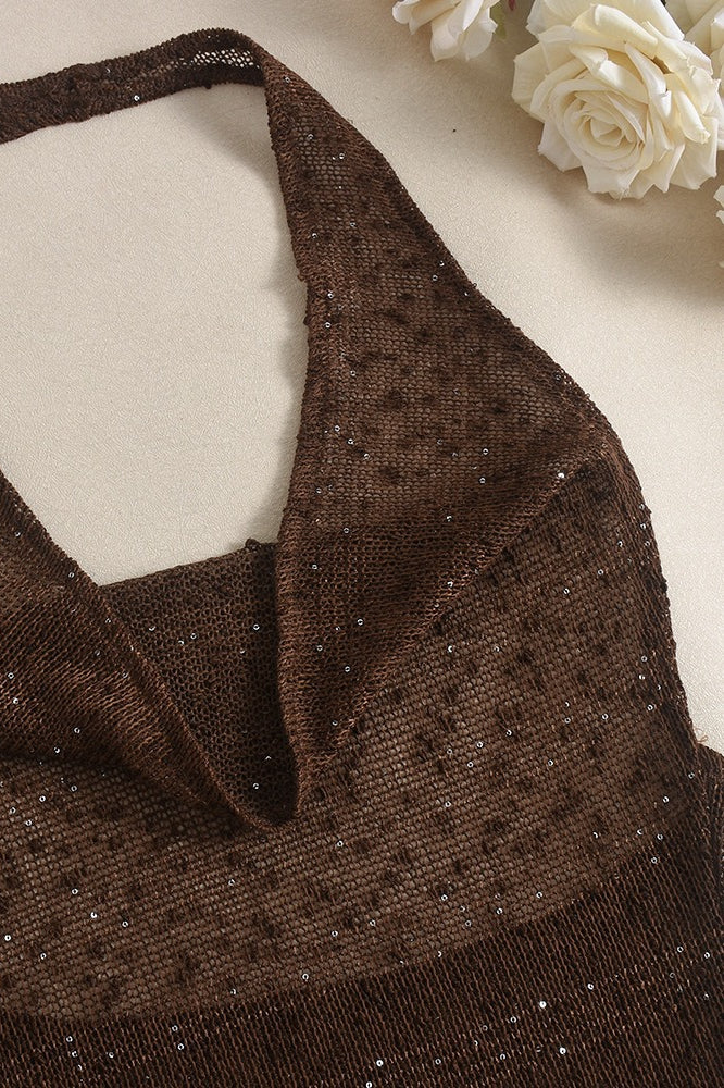 Glitter Solid Sheer Draped Halter Top image 6