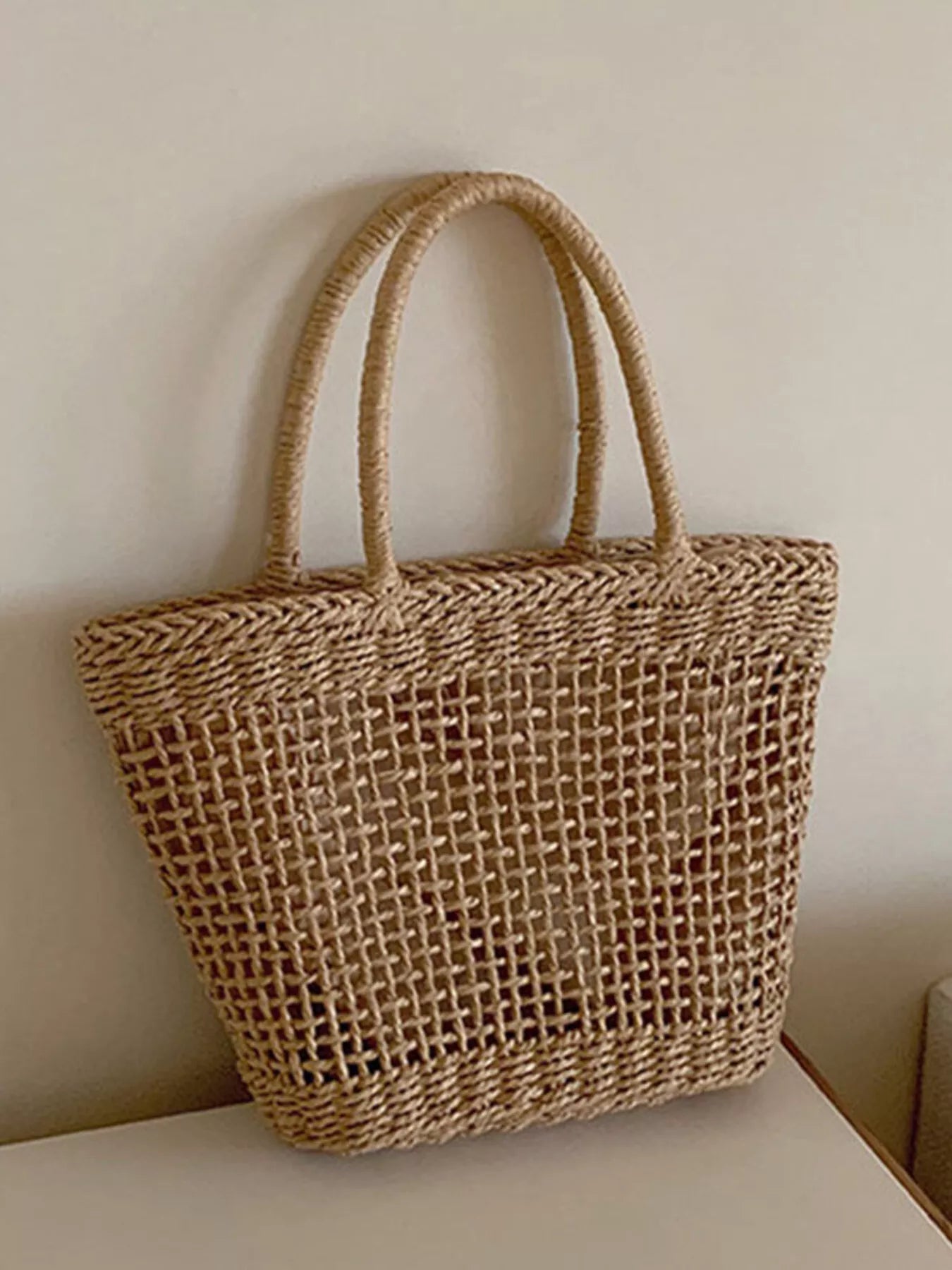 Viola Woven Bag detail view styled for Avrienne