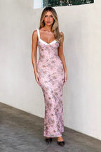Ruched Sling V Neck Floral Slimming Long Floral Dress image 3