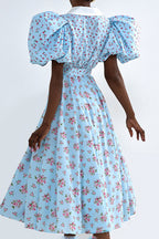 Puff Sleeve Collared High Waist Buttoned A Line Floral Dress image 4
