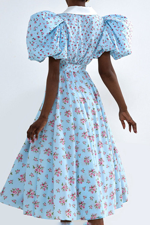 Puff Sleeve Collared High Waist Buttoned A Line Floral Dress image 4