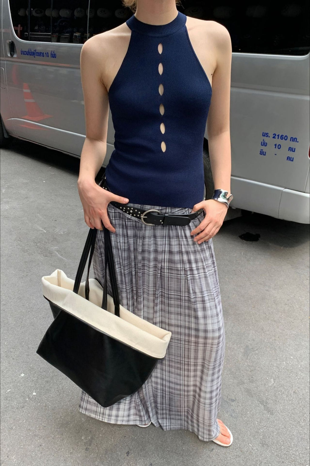 High-Waisted A-Line Mesh Plaid Maxi Skirt image 1