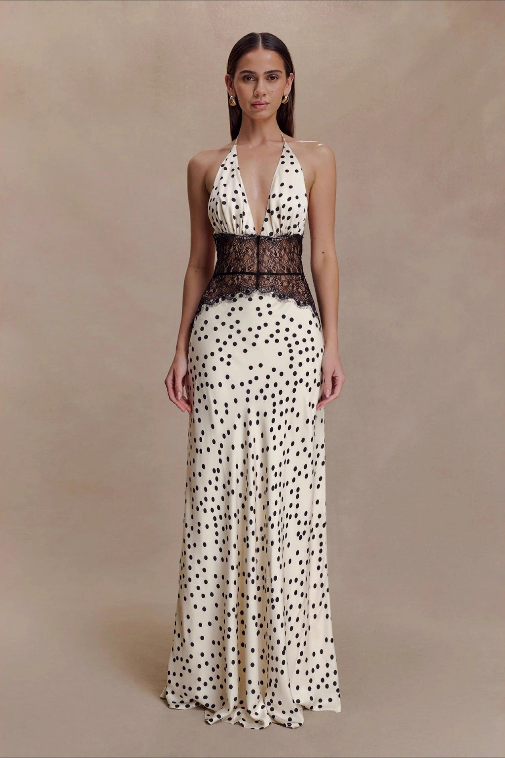 Polka Dot Lace Patchwork Deep V Backless Ruched Elegant Maxi Dress image 2