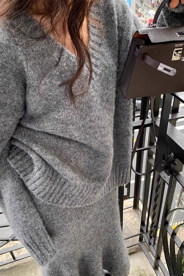 Lazy V-neck Knit Sweater Mermaid Skirt Two Piece Set image 7