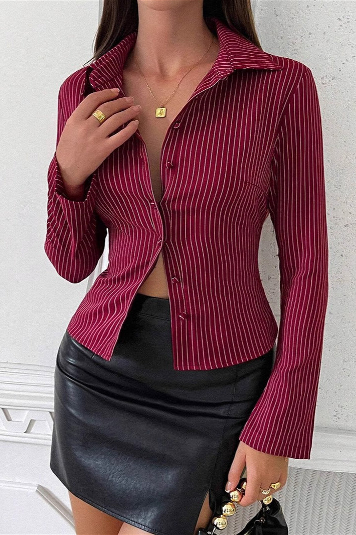 Lapel Buckle Flare Sleeve Long Sleeve Blouse image 3