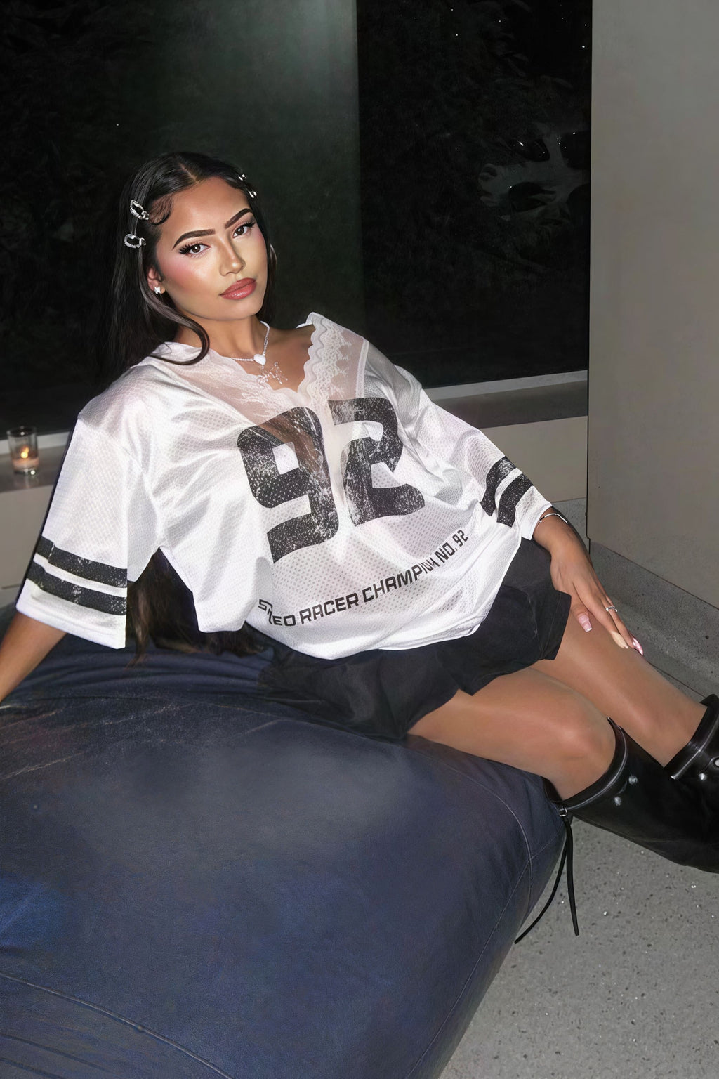 V Neck Lace Print Loose Casual T-shirt image 3