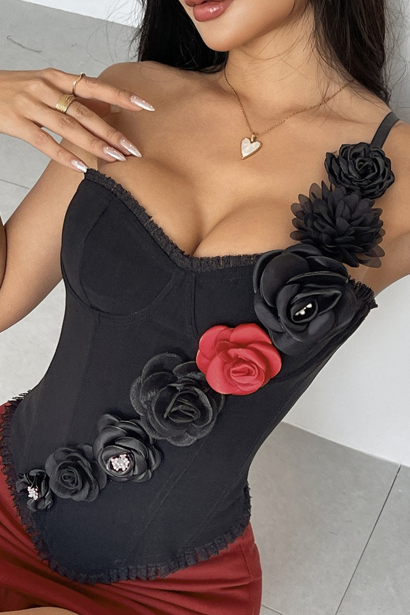 Strapless Red Lace Floral Boned Cami Top image 3