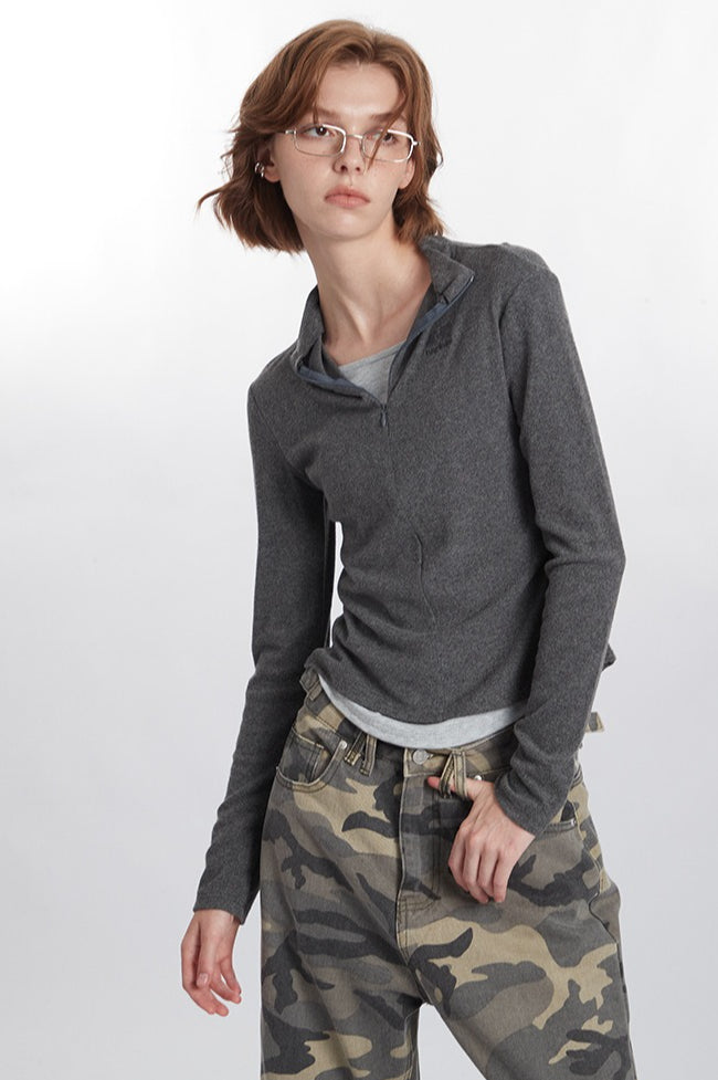 Mock Two-Piece Half-Zip Knit Top image 5