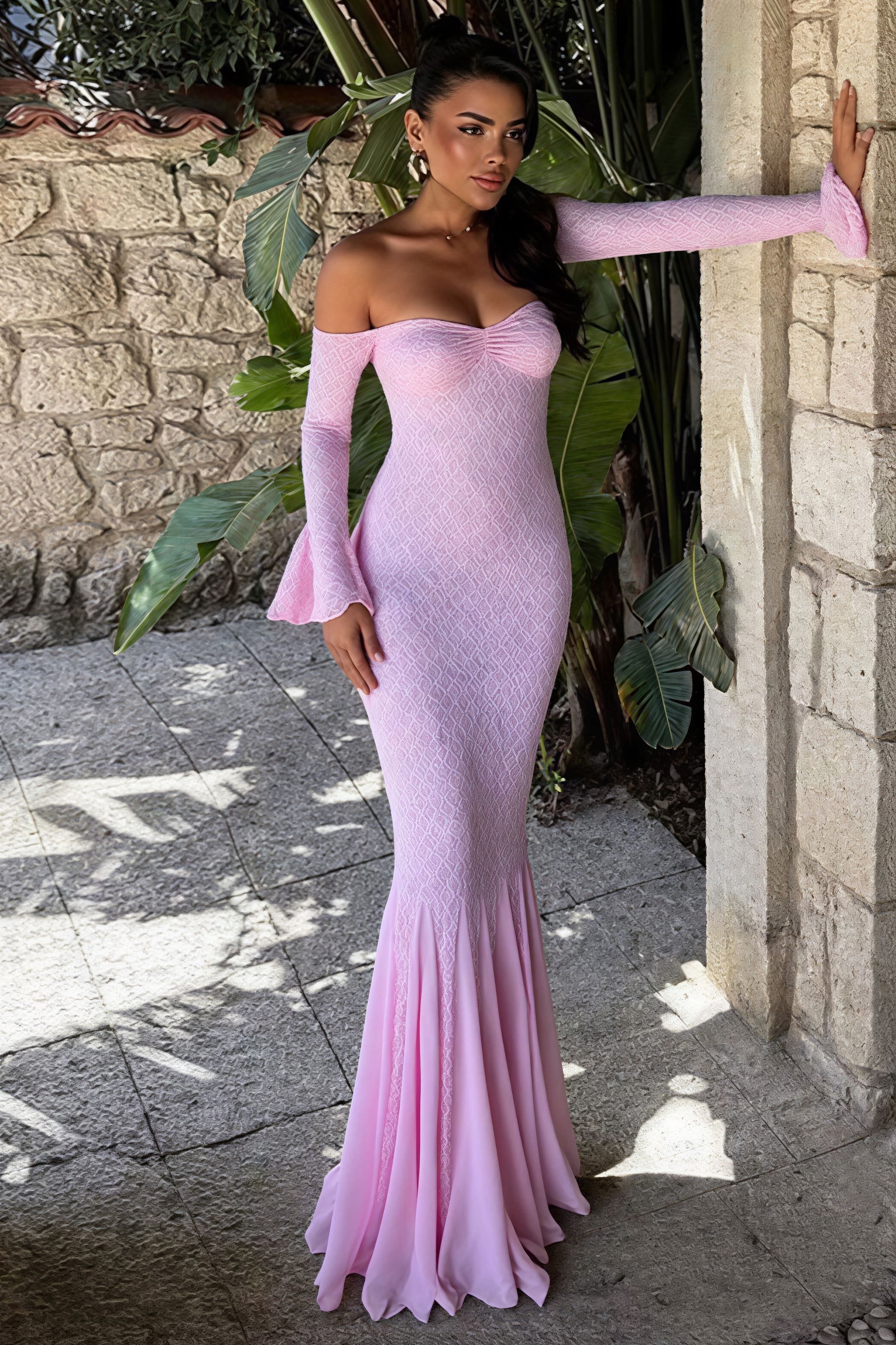 Off Shoulder Lace Patchwork Fitted Mermaid Maxi Dress image 2