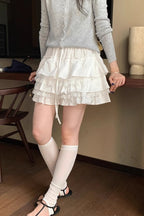 High Waist Tiered Ruffle A Line White Mini Skirt image 2