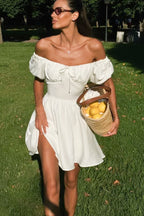 Off Shoulder Puff Sleeve Tie Mini Dress image 2
