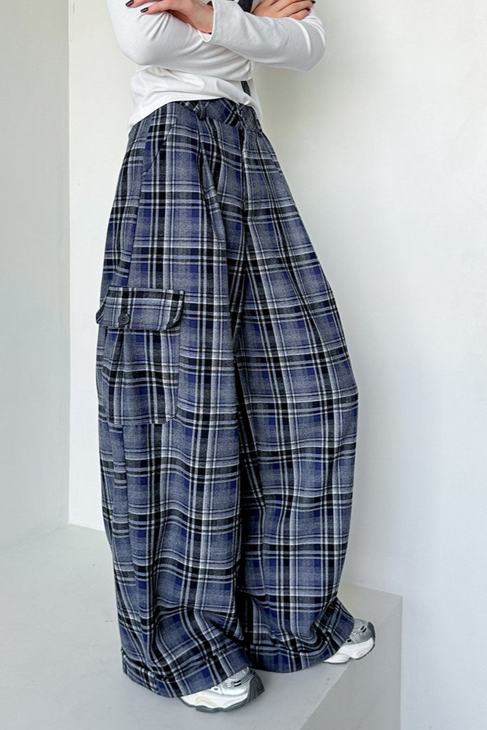 Retro Colorblock Plaid Casual Straight Pants image 5