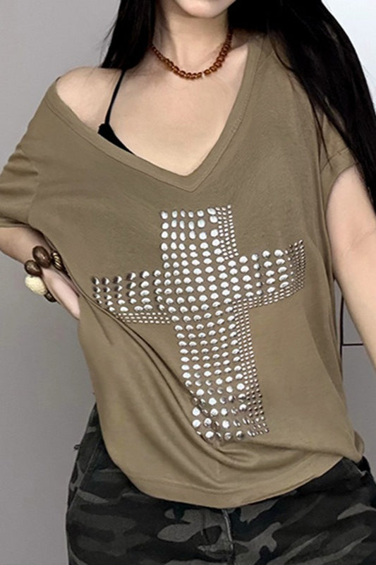 Street Cross Metallic Print Loose Casual T-shirt image 4