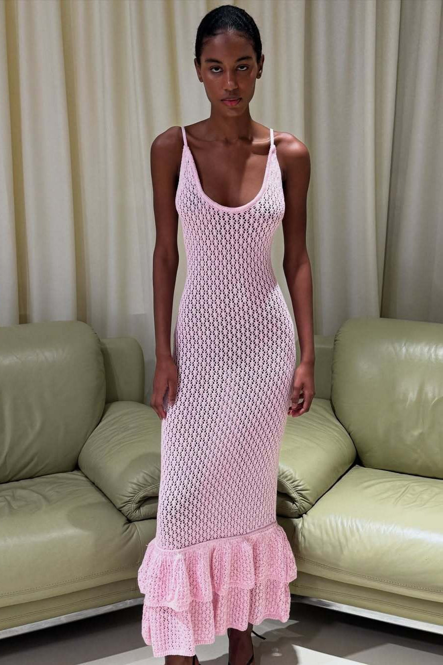 Boho Ruffle Knit Sexy Cutout Sheer Cami Maxi Dress image 12