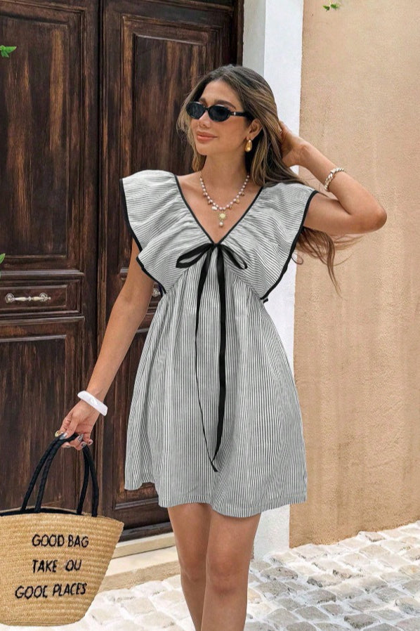 Striped V Neck Ruffle Flutter Sleeve Mini Dress image 16