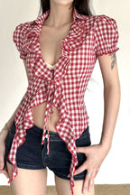 Plaid Ruffle Waist Puff Sleeve Blouse image 5