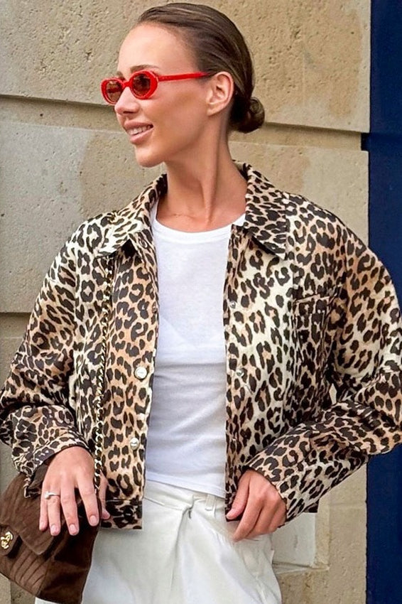 Leopard Print Zipper Cropped Jacket image 1