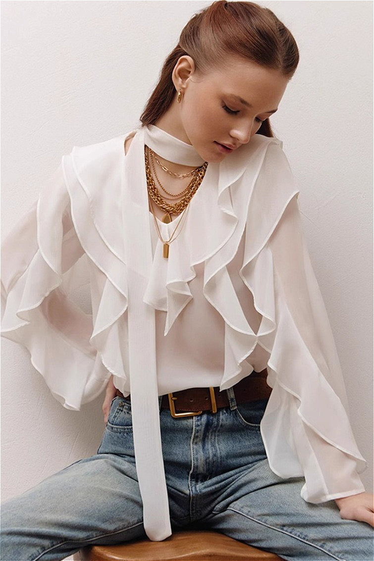 Elegant Solid Chiffon Ruffled Tie Blouse image 5