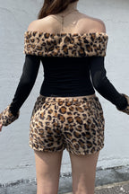 Leopard Print Fleece Off-the-shoulder Two Piece Set image 2