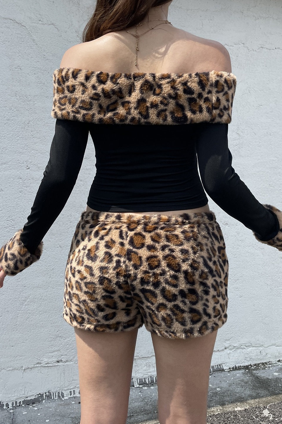 Leopard Print Fleece Off-the-shoulder Two Piece Set image 2