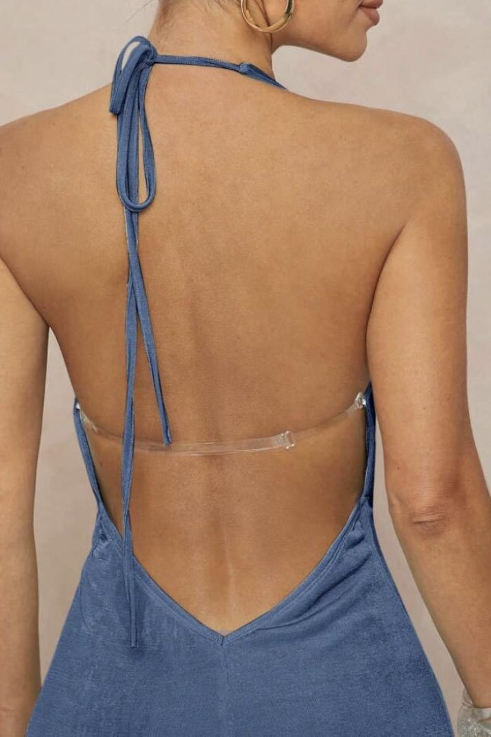 Deep V Halter Ruched Metal Trim Backless Maxi Dress image 14