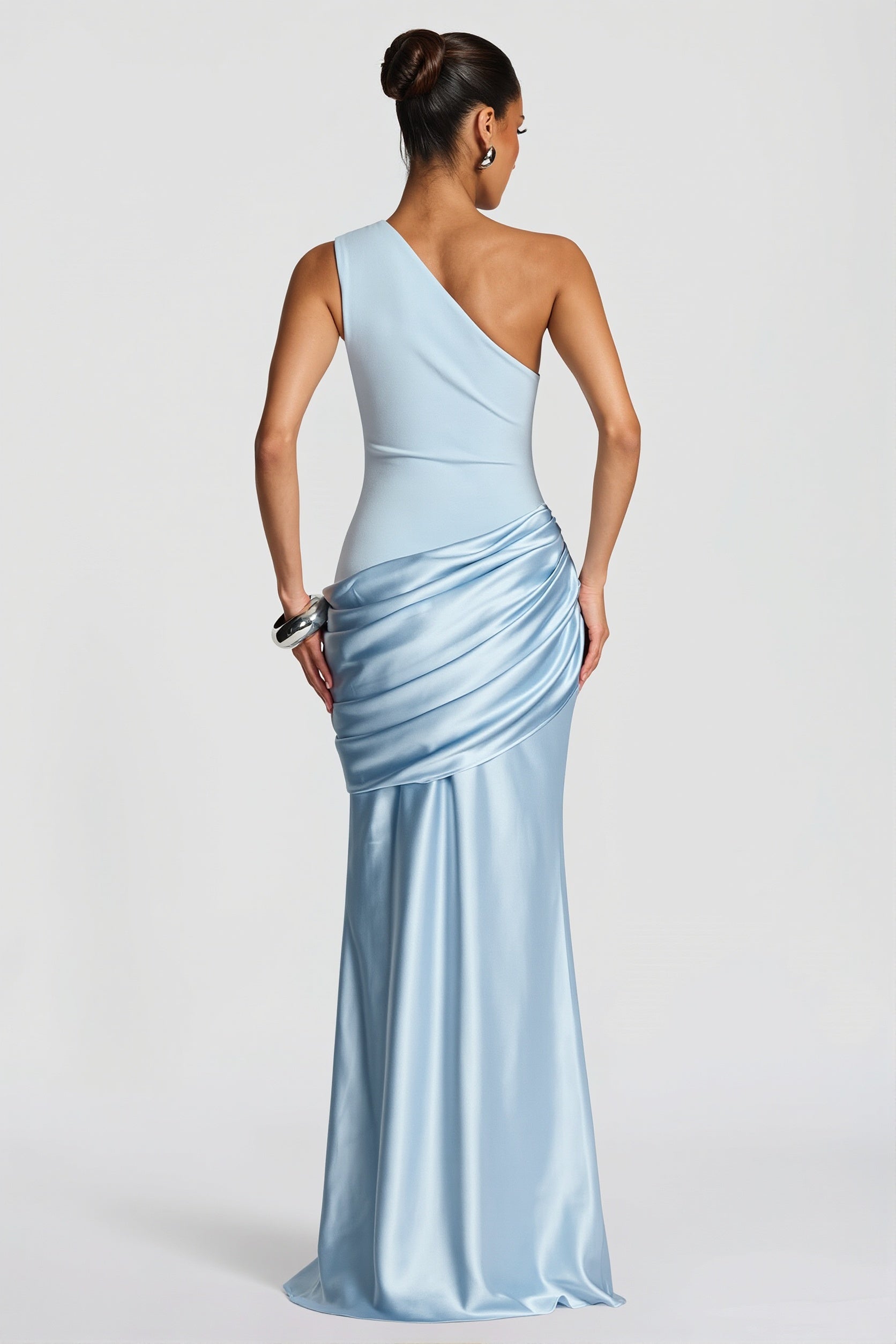 Satin Splice Ruched Slim Maxi Dress image 5