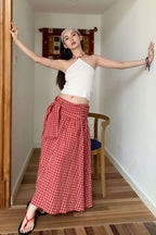 Color Block Plaid Tie Side Zip Loose Skirt image 5