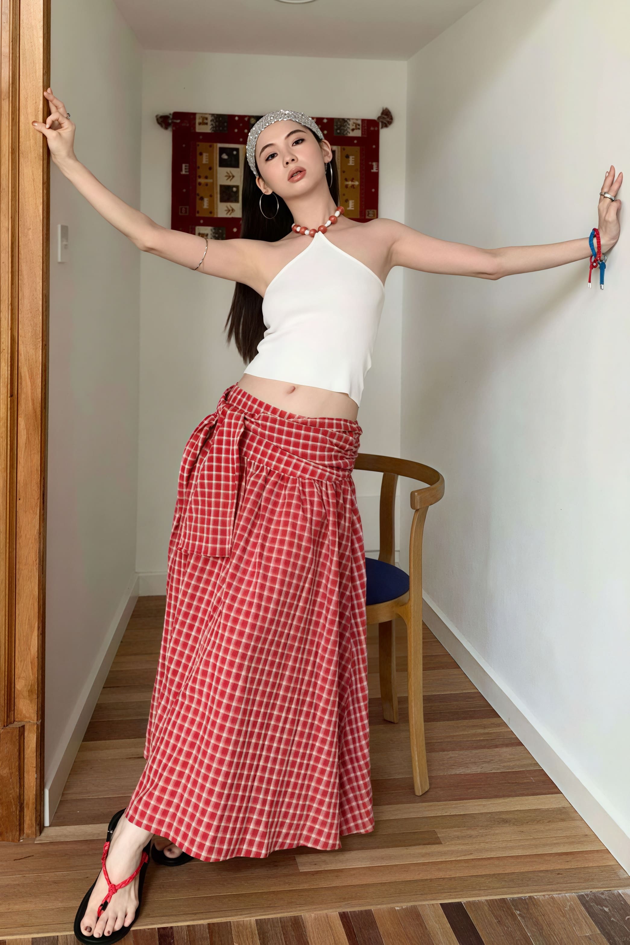Color Block Plaid Tie Side Zip Loose Skirt image 5