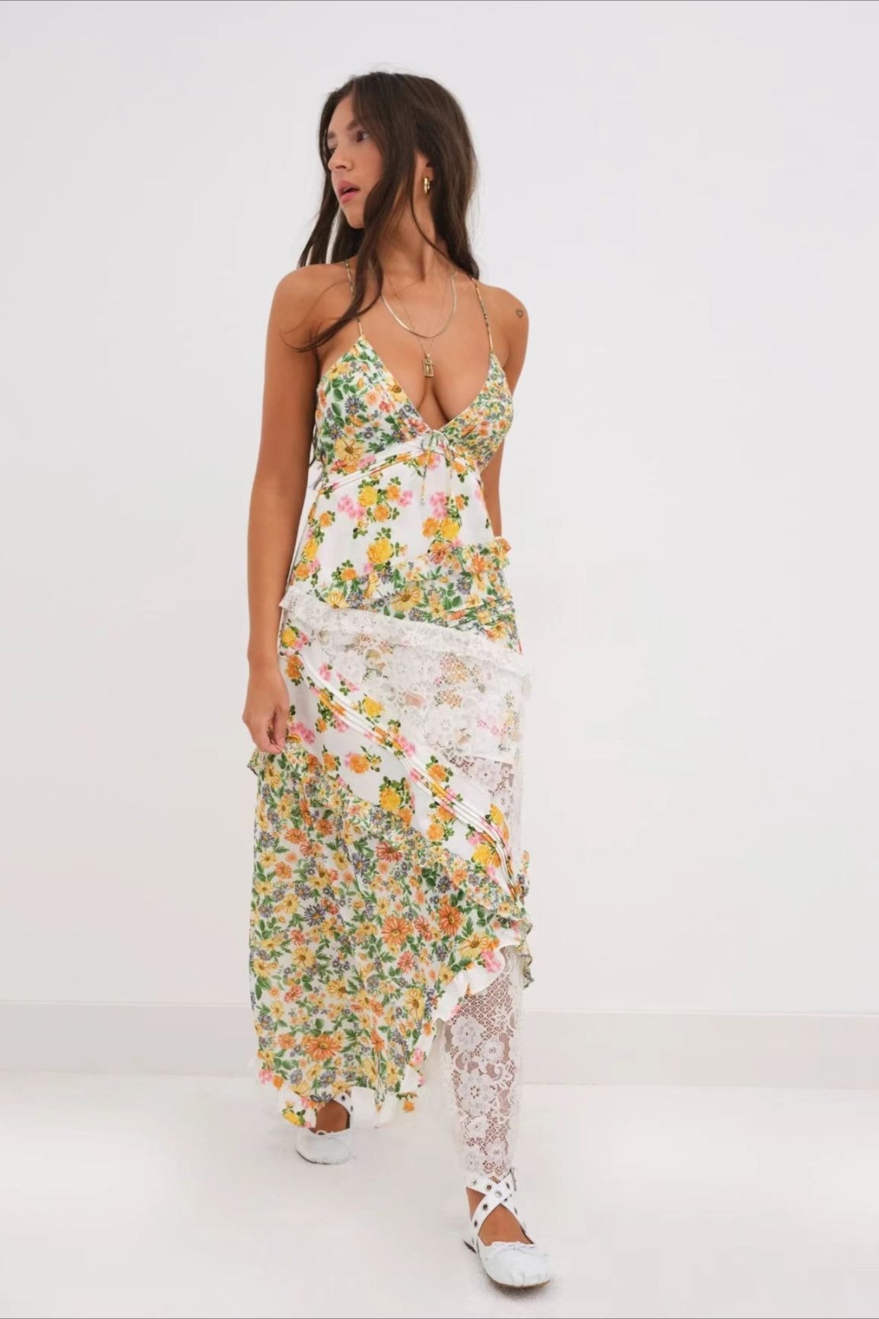 Deep V Ruffle Floral Lace Patchwork Cami Maxi Dress image 15
