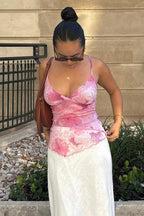 Floral Trim Chiffon Waist Cinched Padded Cami Top image 4