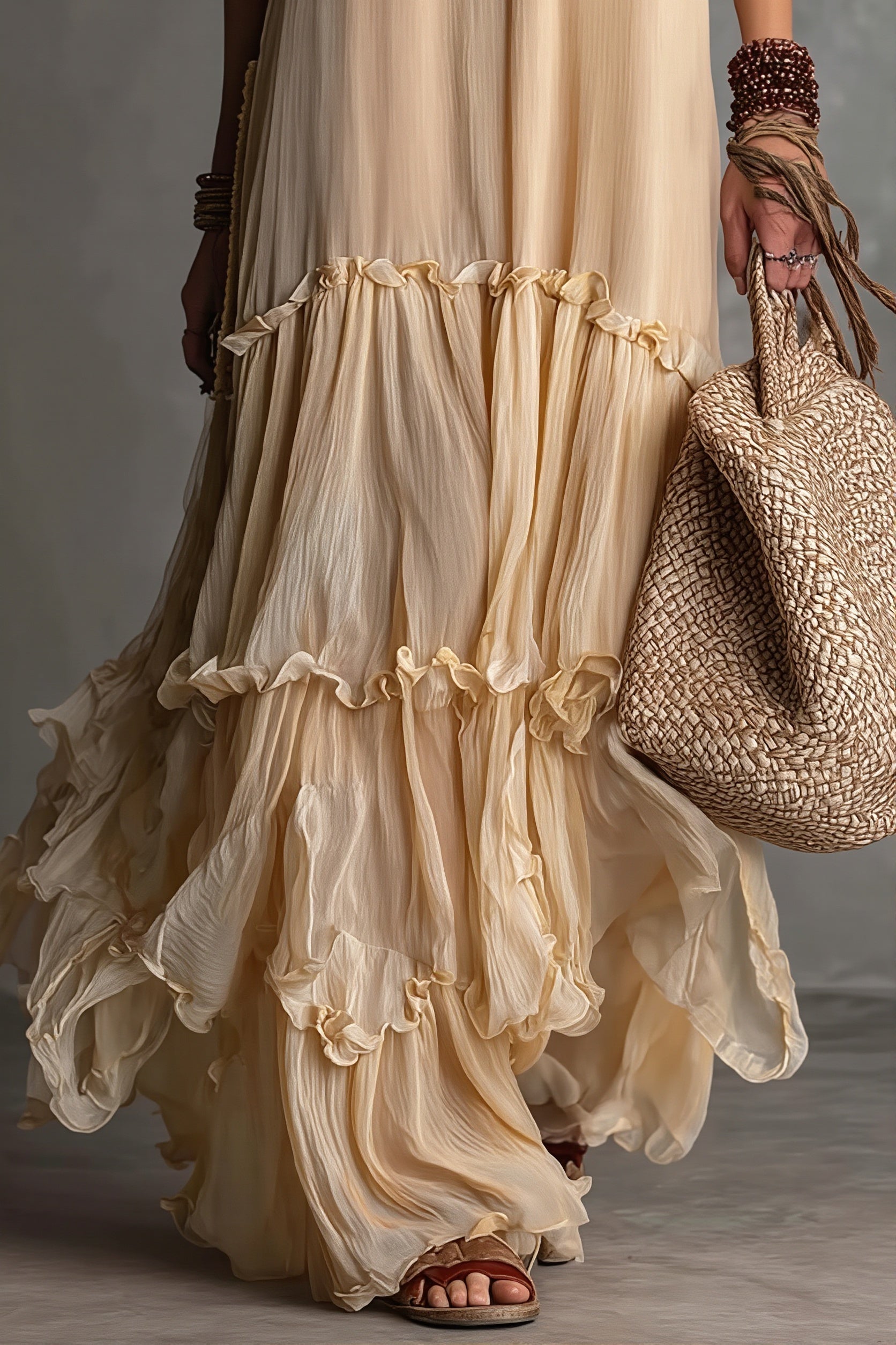 Solid Flowy Pleated Maxi Boho Dress image 4