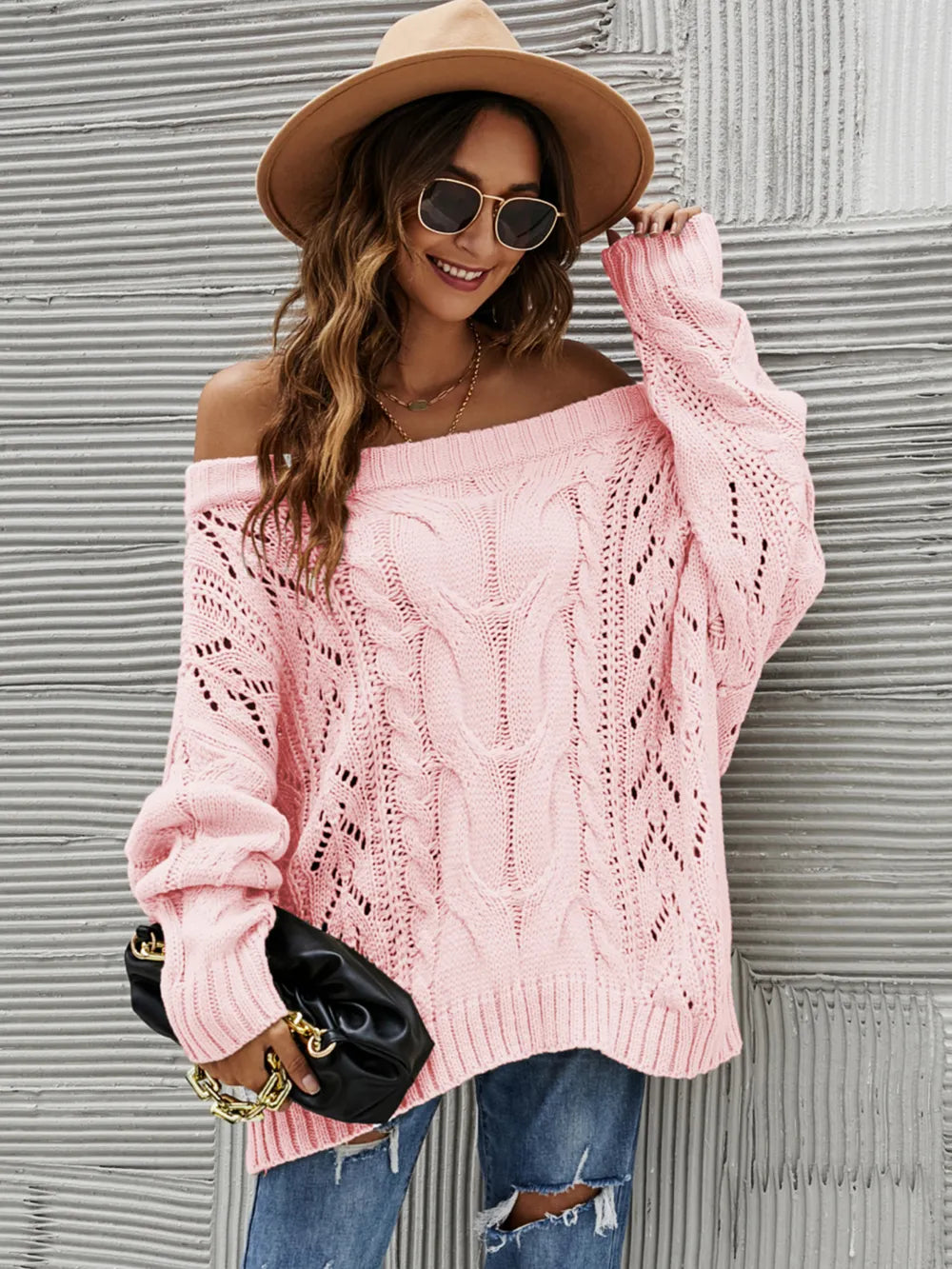 Sabine Off-Shoulder Sweater detail view styled for Avrienne