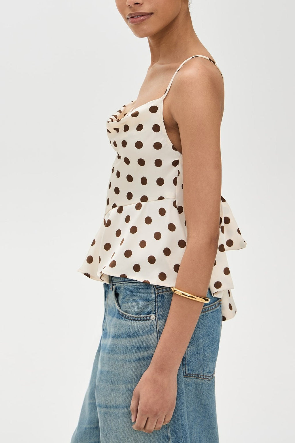 Ruffle Draped Neck Polka Dot Tie Back Cami Top image 3