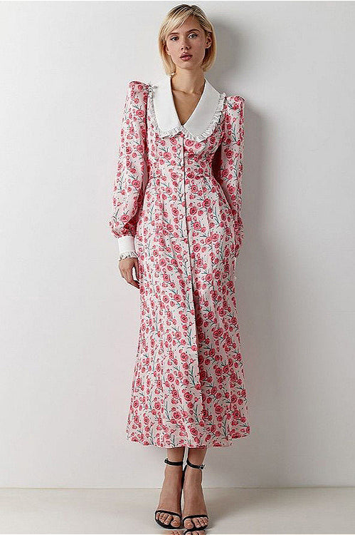Collar Waist Cinched Stylish Floral Dress image 9